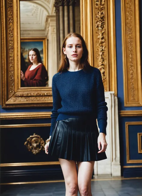 A stunning intricate full color portrait of (sks woman:1) in Paris, at the Louvre Museum, wearing Skirt and a sweater, epic character composition, sharp focus, natural lighting, subsurface scattering, f2, 35mm, film grain, , by William Eggleston, <lora:locon_madelainepetsch_v1_from_v1_64_32:1>