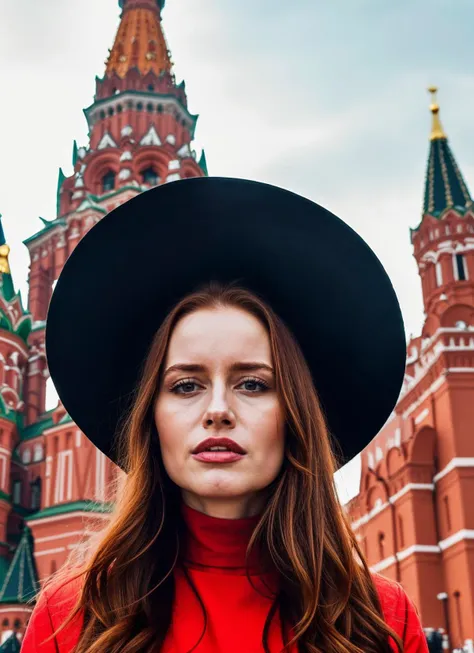 portrait of sks woman in Moscow, at the Red Square with St. Basil's Cathedral in the background, by Flora Borsi, style by Flora Borsi, bold, bright colours, ((Flora Borsi)), by Michael Kenna, <lora:locon_madelainepetsch_v1_from_v1_64_32:1>