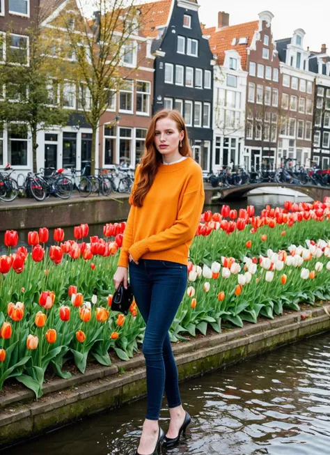 portrait of sks woman in Amsterdam, by the canals with tulips in the foreground, by Flora Borsi, style by Flora Borsi, bold, bright colours, ((Flora Borsi)), by Dorothea Lange, <lora:locon_madelainepetsch_v1_from_v1_64_32:1>