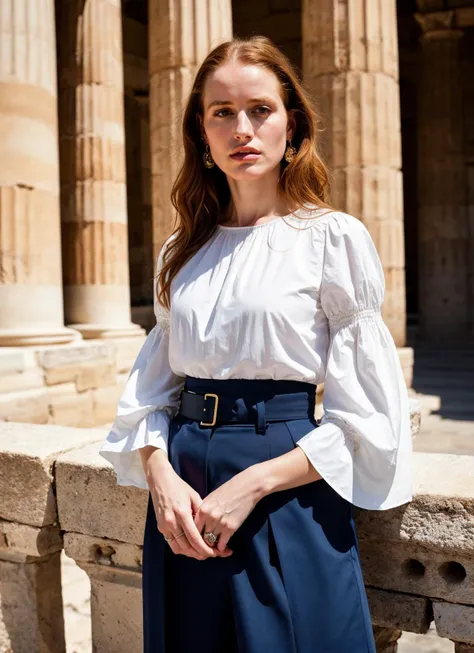A stunning intricate full color portrait of (sks woman:1) in athens, at the parthenon, wearing Bell-sleeve blouse and culottes, epic character composition, sharp focus, natural lighting, subsurface scattering, f2, 35mm, film grain, , by Tim Walker, <lora:locon_madelainepetsch_v1_from_v1_64_32:1>