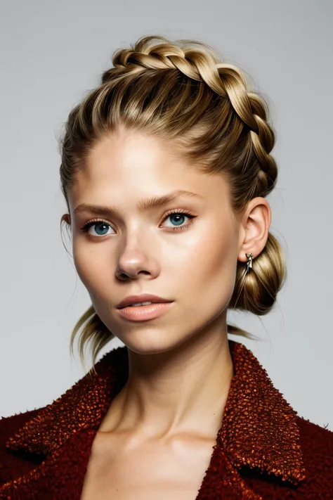 headshot of realistic photo of <lora:sd15_BeritBirkeland_locon_48_v1-000012:1> BeritBirkeland, focus on face, wearing a feather jacket , her hair is styled as braided chignon,