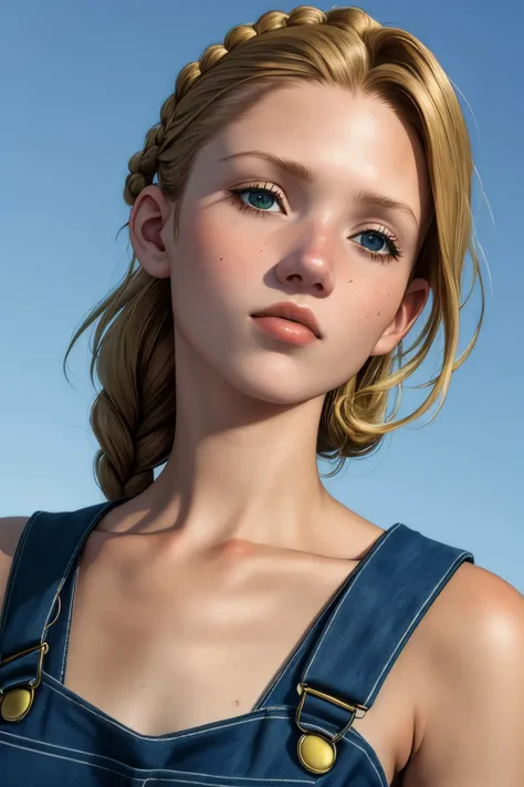 (shot from a Dutch angle, closeup on face:1.2) of realistic photo of <lora:sd15_BeritBirkeland_locon_48_v1-000012:1> BeritBirkeland, she is wearing overalls , her hair is styled as French braid hair, BREAK she is (gazing up at a crescent moon:1.1), silhouetted against the bright sky, overexposed,
