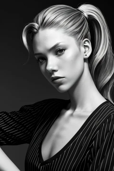(low angle, closeup on face:1.2) of realistic photo of <lora:sd15_BeritBirkeland_locon_48_v1-000012:1> BeritBirkeland, side view, she is wearing pinstripe pattern t-shirt , her hair is styled as bouffant ponytail, BREAK she is (in the shed:1.1), cinematic lighting, black and white,shot on Hasselblad X1D II, fine texture ,Kodak Vision3 , in the style of Miles Aldridge