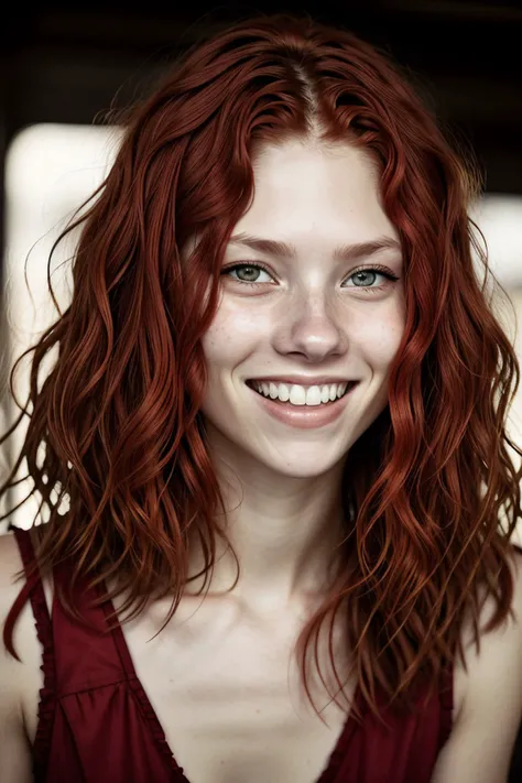 realistic photo of <lora:sd15_BeritBirkeland_locon_48_v1-000012:1> BeritBirkeland, focus on eyes, close up on face, laughing, venetian red color hair styled as long wavy hair, desaturated grunge filter