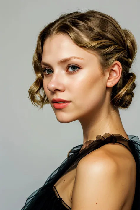headshot of realistic photo of <lora:sd15_BeritBirkeland_locon_48_v1-000012:1> BeritBirkeland, focus on face, wearing a tulle dress , her hair is styled as Straight Finger Waves,