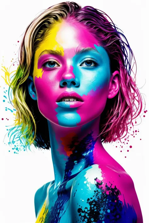 Painting of a woman with paint all over her face, bright colours, hyper realisitc, dripping with color, Black background of girl behind, art of alessandro pautasso, beautiful acrylic fluid portrait, s face, immersed in multi-colored oils, colorful digital painting, Portrait in Colors, vibrant digital painting, Full-color digital art, Airbrush Digital Art, A splash of color, colorful hyperrealism, Color Dispersion,