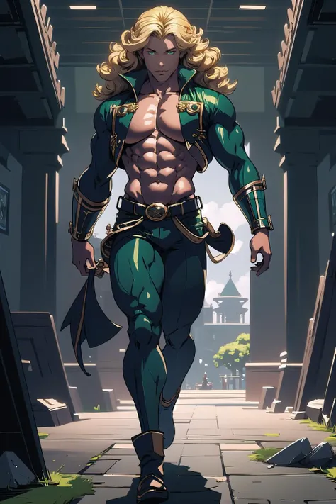 (masterpiece, best_quality, ultra-detailed, immaculate:1.3), epic, illustration, rough digital painting, (full body:1.2), 1boy, man, solo, [:outlandish costume design,:0.2] pirate, , (african, dark skin:0.6), bombshell vivid green hair, Side Part, (muscular:1) build, simple background, jrpg character concept art, in a minuscule, scenic data center, bombshell hair, light gold hair, hime cut,Ringlet Curls, walking<lyco:EnvyBeautyMix45:1>