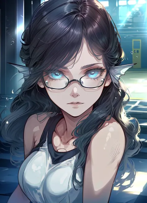 ((best quality)), ((highly detailed)), masterpiece, detailed face, beautiful face, (detailed eyes, deep eyes), (1girl), (glasses), different views, upper body, <lora:hairdetailer:1>, <lora:aiomonstergirls_loraLocon:.6>, <lora:animeMermaid_v10:1>, (mermaid), fins, (in a gymnasium), <lora:EnvyBeautyMix45:1>