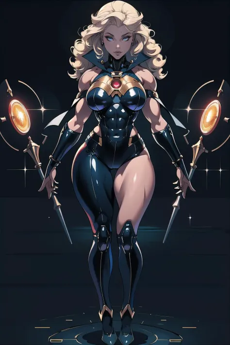 (masterpiece, best_quality, ultra-detailed, immaculate:1.3), epic, illustration, 1girl, (full body:1.5), determined sci-fi amazon witch, (muscular:1.3), armor, pauldrons, , (warpaint:1), light sunset hair, Senegalese Twistsleather cape, superhero landing, albino, on a celestial, Chinese simple background, in an desolate alien space ship, bombshell hair, muted blonde hair, Blowout Curls, outstretched leg<lyco:EnvyBeautyMix45:1>