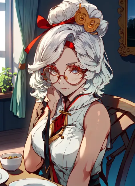 ((best quality)), ((highly detailed)), masterpiece, (detailed eyes, deep eyes), (1girl), (glasses), upper body, <lora:purah-v3:.8>, Purah, white hair,  hair ornament, hair sticks, red headband, brown eyes, red glasses, sleeveless, bare shoulders, white shirt, black skirt, orange leggings, high heels, (inside, at a dining room), <lora:EnvyBeautyMix45:1>