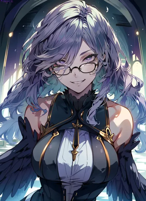 ((best quality)), ((highly detailed)), masterpiece, (detailed eyes, deep eyes), (1girl), (glasses), upper body, <lora:animeHarpy_v10:1>, ((harpy)), (((feathered wings))), wings, (feathers, purple eyes), (feathered tail), playful grin, (in a church), <lora:EnvyBeautyMix45:1>