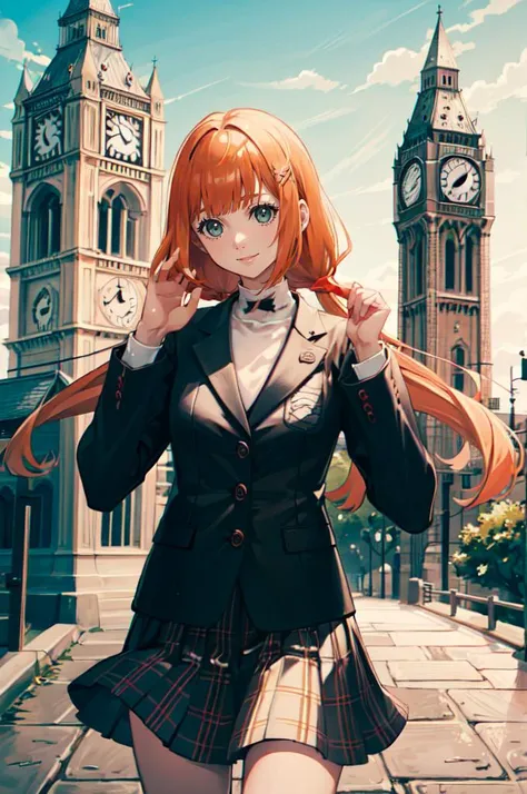 smile, straight-on, hands up, clenched hands, (clock tower:1.3), outdoors, <lora:Strelitzia:0.8> khstrelitzia, low twintails,   <lora:ShuujinAcademySchoolUniform:0.9> GirlUniform, shuujin academy school uniform, black jacket, plaid skirt,, absurdres, ultra detailed, masterpiece, best quality, aesthetic, detailed,