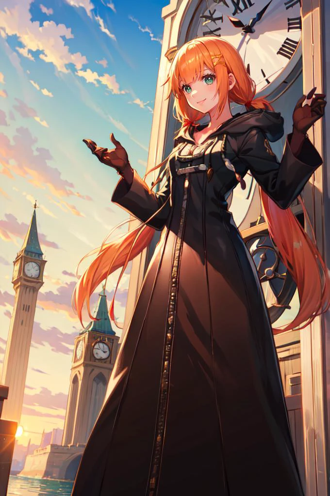 smile, straight-on, hands up, clenched hands, (clock tower:1.3), outdoors, <lora:Strelitzia:0.6> khstrelitzia, low twintails, <lora:OrganizationXIIICoat:1> Organization XIII Coat, hood down,, absurdres, ultra detailed, masterpiece, best quality, aesthetic, detailed,