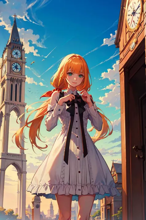 smile, straight-on, hands up, clenched hands, (clock tower:1.3), outdoors, <lora:Strelitzia:0.8> khstrelitzia, low twintails,, absurdres, ultra detailed, masterpiece, best quality, aesthetic, detailed,