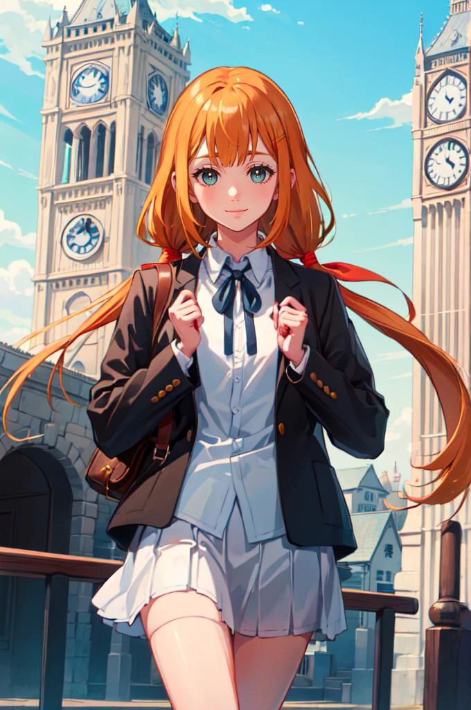 smile, straight-on, hands up, clenched hands, (clock tower:1.3), outdoors, <lora:Strelitzia:0.8> khstrelitzia, low twintails, <lora:SakuragaokaHighSchoolUniform:1> SakuragaokaWinter, sakuragaoka high school uniform, open jacket, white shirt, long sleeves, neck ribbon, grey skirt,, absurdres, ultra detailed, masterpiece, best quality, aesthetic, detailed,