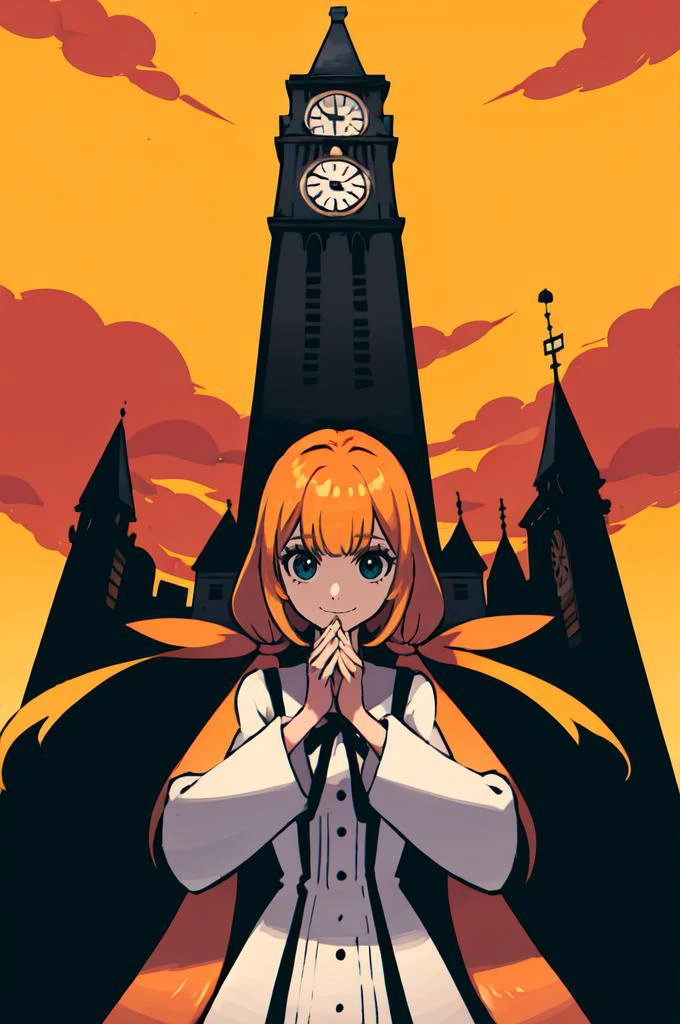 smile, straight-on, hands up, clenched hands, (clock tower:1.3), outdoors, <lora:Strelitzia:0.8> khstrelitzia, low twintails, <lora:Sugimori_Ken_Style_v3:0.85>, absurdres, ultra detailed, masterpiece, best quality, aesthetic, detailed,