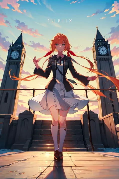 smile, straight-on, hands up, clenched hands, (clock tower:1.3), outdoors, <lora:Strelitzia:0.8> khstrelitzia, low twintails,   SakuragaokaWinter, sakuragaoka high school uniform, open jacket, white shirt, long sleeves, neck ribbon, grey skirt, <lora:OrganizationXIIICoat:1> Organization XIII Coat, hood down,, absurdres, ultra detailed, masterpiece, best quality, aesthetic, detailed,