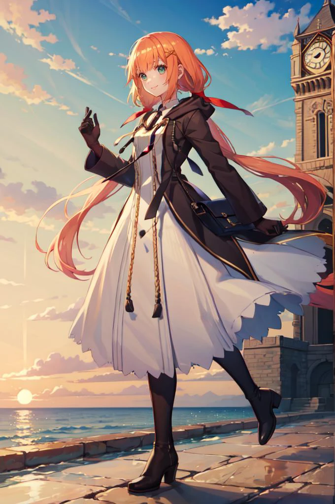smile, straight-on, hands up, clenched hands, (clock tower:1.3), outdoors, <lora:Strelitzia:0.6> khstrelitzia, low twintails, SakuragaokaWinter, sakuragaoka high school uniform, open jacket, white shirt, long sleeves, neck ribbon, grey skirt, <lora:OrganizationXIIICoat:1> Organization XIII Coat, hood down,, absurdres, ultra detailed, masterpiece, best quality, aesthetic, detailed,