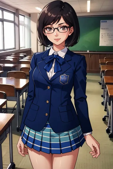 masterpiece, best quality, classroom, library, looking at viewer, smile, cowboy shot
<lora:zs_reiko-v3:1> reikoif, short hair, black hair, blazer, pleated skirt, glasses, white socks