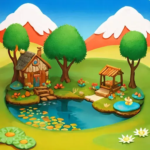 <lora:Claymation:0.5> Claymation landscape with a small pond and a rock