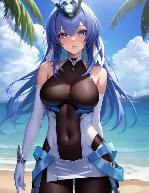 Cowboy shot, New Jersey \(Azur Lane\), White gloves, Bodysuit, Short skirt,
Fantasy atmophere, Standing in a Beach, Sea, Palm trees,
HDR, (highly detailed face and eyes:1.2), Masterpiece, Best quality, intricate, highly detailed, 8k, Trending on artstation,
<lora:Gabachek_New_Jersey:0.6>