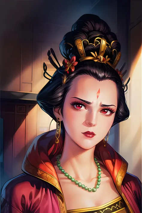 yuanshen,jewelry,earrings,1girl,necklace,red eyes,hair ornament,facial mark,makeup,looking at viewer,black hair,hair stick,forehead mark,ass,lipstick,closed mouth,<lora:add_detail:0.5>,<lora:epiNoiseoffset_v2:0.5>,<lora:EnvyBetterHands LoCon_beta2:1>,perfect hands,<lora:玄奇-东方雄1:0.8>,(highres, high quality:1.2),cinematic lighting,digital art,mature female,looking at viewer,