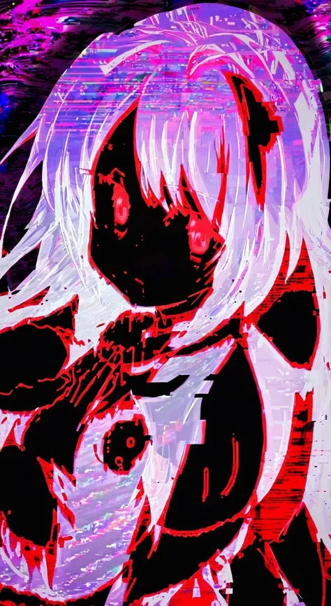 <lora:nfxlyria:1> nfxlyria, anime, glitch, glitchcore woman white hair red eyes