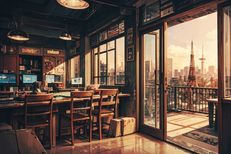 ((best quality, masterpiece, absurdres, super-resolution)) (kawaii, pop, cute:1.1), 80s, lo-fi hiphop, chillhop, fantasy, smile, intricate background, (arcade, nixie tube:1.05), indoor, retro, illumination, rusted pipe, rusted metal, rotting billboard, (pastel colors:1.3), looking at another, sitting bench