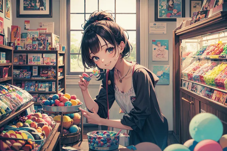 ((best quality, masterpiece, absurdres, super-resolution)) (kawaii, pop, cute:1.1), chillhop, fantasy, smile, intricate background, (dagashiya, candy shop:1.2), illumination, (pastel colors:1.3) 80s, lo-fi hiphop, chillhop, indoor, retro