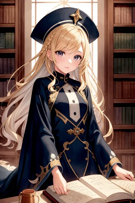 masterpiece, best quality, masterpiece,best quality,watercolor-painting,watercolor-paper,2020s_(style),extremely detailed CG unity 8k wallpaper,ultra-detailed, best illustration, detailed light, over exposure,an extremely delicate and beautiful,solo,1 girl close up,a girl looking at viewer,shiny,beautiful detailed eyes,round eyes,messy floating hair, small breasts,Shiny-messy-hair, extremely detailed background,depth of field,dynamic composition,cinematic-lighting,ink painting-background, fantasy,in-the-library,magic circle,bookshelfs,many books,long coat with fringe,European,scolar,-yeld,blarobe with embroidery,hat with embroidery,boots,long skirt,gorgeous fringe,thin-metal-decorations,antique,blonde-hair,daytime,vintage color,french braid,magic books,tower of books,floating many books,clock,long hair,detailed clothes,100-layer-dress, parted bangs,