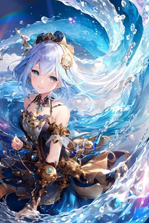 best quality, 1girl, steampunk style, sparkling crystals floating around, rainbow twisting wave, flowing smoke wave.