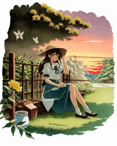 [(white background:1.5), ::2]1girl, solo, (isometric:0.75), 
1girl, solo, hat, flower, earrings, long hair, jewelry, traditional media, short sleeves, yellow flower, bug, butterfly, fruit, painting \(medium\), straw hat, watercolor \(medium\), shirt, skirt, leaf, outdoors, hat flower, lemon, blue skirt, food, sunset, tree, bangs, brown hair, ribbon, black hair, puffy sleeves, frills, sitting, lemon slice, blue ribbon, puffy short sleeves, hand up, red flower