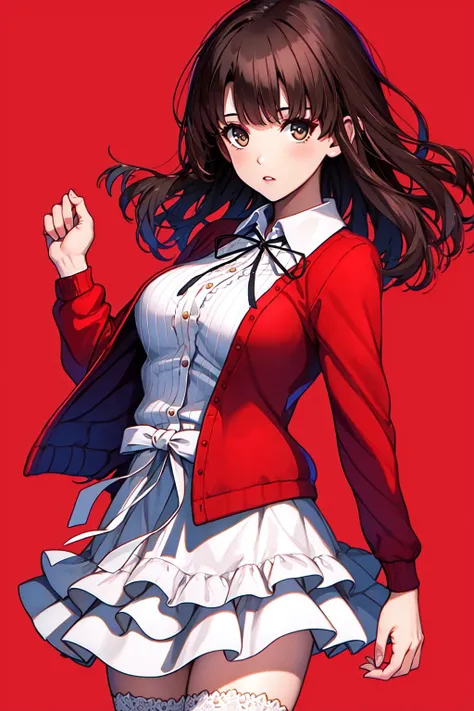 1girl,full body,brown hair,bangs,brown eyes,red cardigan,open red cardigan,open clothes,white dress,frills,long sleeves,medium breasts,bow,ribbon,black ribbon,buttons,frilled thighhighs,mary janes,red_footwear,
clear,vivid,backlighting,cowboy shot,warm-toned,pink background,long hair,
BREAK simple background,perfect proportion,wind,
girly style,lace dresses,pastel colors,high-waisted skirts,ballet flats,