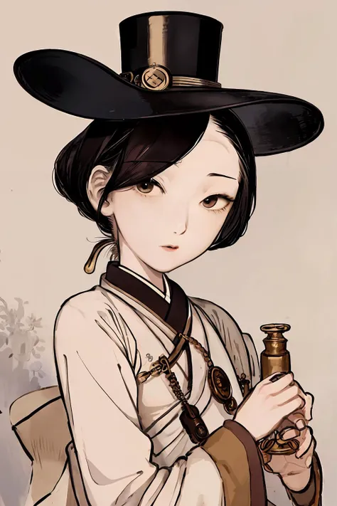 shinyunbok style, A portrait of a steampunk girl with a brass monocle and a pocket watch necklace.<lora:shinyunbok:0.75>