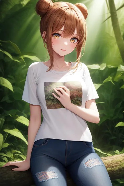 masterpeice, best quality, 1girl, adult, with a fit build, amber eyes, she is a actor, wearing a graphic t-shirt with torn jeans and has chestnut bun hair, Sittingt, in a jungle, Medium close-up, narrow beam of light , art by toei animation