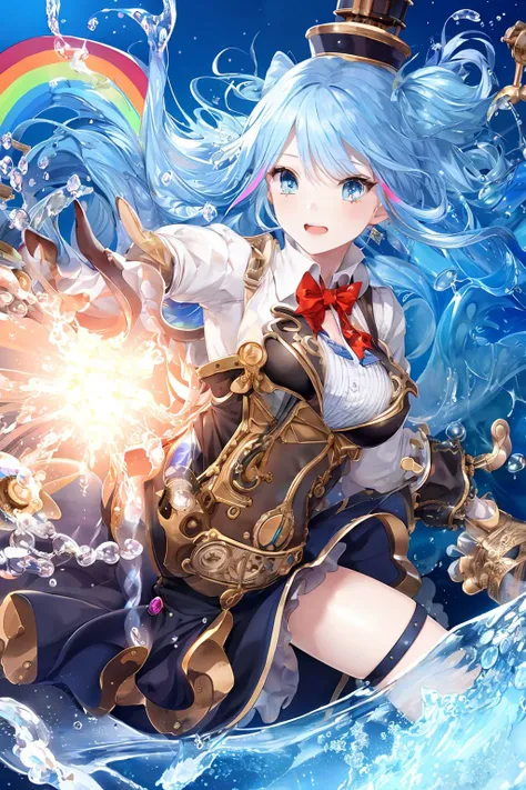 best quality, 1girl, steampunk style, sparkling crystals floating around, rainbow twisting wave, flowing smoke wave.
