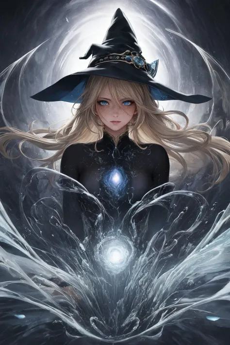 masterpiece, hyper detailed, best quality, extreme detailed, delicate composition, fusion of abstract and fluid art, <lora:tangbohu-detailer_1.0:0.75>, <lora:sharpen-soften:-0.3>,
1 girl, adult (elven:0.7) woman, freckles, blue eyes, light blonde braided hairstyle,
Style-GravityMagic, looking down, solo, upper body, detailed background, witch hat, witch, magical atmosphere, hair flowing in the wind, green trimmed dark colored clothes, dynamic pose, whirlwind of swirling elemental streams in the air, swirling portal, dark magic, floating particles, frozen landscape background,
nardack, <lora:LoconLoraNardack_v10:0.3>,