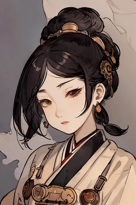shinyunbok style, A portrait of a steampunk girl with intricately designed steam-powered earrings and a choker.<lora:shinyunbok:0.75>