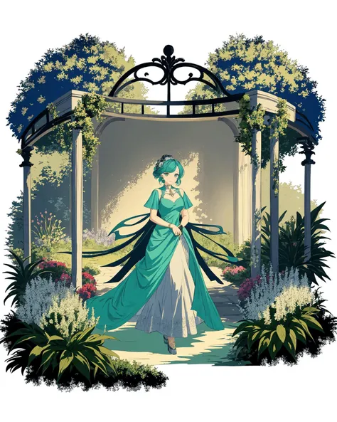 [(white background:1.5), ::2]1girl, solo, (isometric:0.75), 
A garden with lush flowers and furnishings made of crystal. A lady in a dress walks through the garden. A beautiful face and brightly colored shining eyes. She wears elaborate and delicate ornaments and dresses. Beautiful furnishings in the garden, made of shining crystal. Detailed drawing. Vivid colors. High image quality.