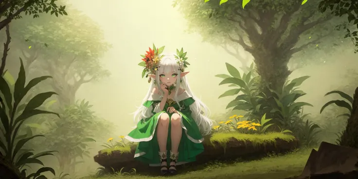 (masterpiece,best quality,illustration,official art:1.05),(tachi-e:1.12),full body,sitting,looking at viewer,solo,1girl,elf girl,long hair,green hair,[green|blue] eyes,dress,white hair flower,hair ornament,(age8),(child),wind,leaf,tree,forest,