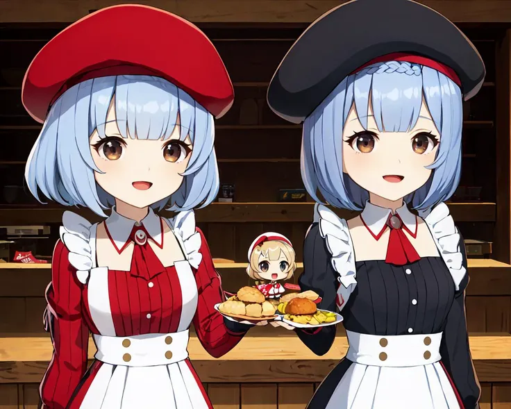 <lora:Noelle-v7.1:0.7>6+girls, (chibi), kfc costume, beret, holding tray of food, smile, open mouth, fast food restaurant, <lora:anime-eraser:-1> <lora:hadanuri2:-0.5>anime <lora:balus_set_v011:0.7>