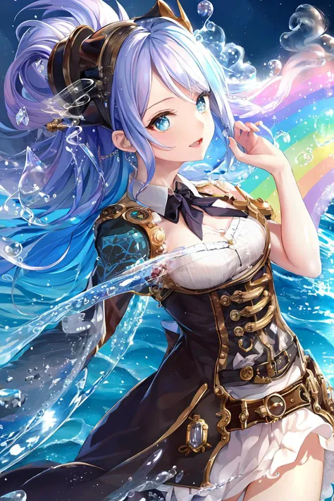 best quality, 1girl, steampunk style, sparkling crystals floating around, rainbow twisting wave, flowing smoke wave.