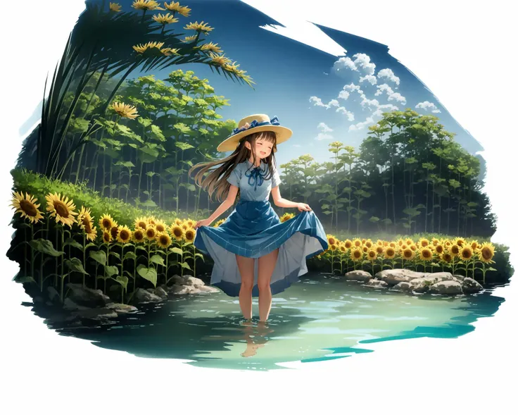 [(white background:1.5), ::2] 1girl, solo, (isometric:0.75),
1girl, hat, dress, solo, long hair, closed eyes, flower, brown hair, straw hat, smile, skirt hold, open mouth, hat flower, wading, water, blush, white dress, sunflower, short sleeves, blue ribbon, outdoors, bangs, ribbon, ocean, barefoot