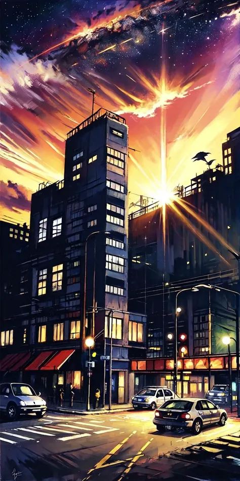 <lora:CBarkerAI:0.9>, painting (medium) cbarkerai, no humans, sky, scenery, ruins, outdoors, cloud, building, sign, sunlight, light rays, sunset, star \(sky\), ground vehicle, crosswalk, traffic light, car, signature, skyscraper, post-apocalypse, real world location, motor vehicle, bird, starry sky, sunbeam, broken window