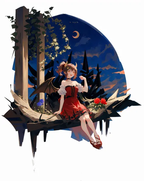 [(white background:1.5), ::2]1girl, solo, (isometric:0.75), 
1girl, solo, red dress, wings, horns, breasts, dress, short sleeves, cleavage, red footwear, flower, puffy short sleeves, hand on hip, full body, puffy sleeves, open mouth, ponytail, smile, demon wings, bangs, red flower, thigh strap, rose, yellow eyes, low wings, looking at viewer, medium breasts, long hair, red rose, brown hair, short dress, underwear, demon horns, :d, choker, garter straps, petals, demon girl, solo, sky, star (sky), sitting, starry sky, dress, tree, short hair, barefoot, moon, flower, night, plant, outdoors, black hair, cloud, night sky, crescent moon, white dress, scenery, bare shoulders, looking up, grass, breasts, vines, strapless dress, looking away, bangs