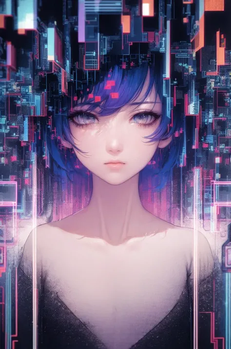 Delicate Composition, masterpiece, hyper detailed, best quality, extreme detailed,(2d:1.3),illustration,
fussion of abstract and glitch art, 1 girl, solo, iridescent hair, flat chest, (blouse:0.8), (double exposure:1.2), glitch hair, fussion of glitch and hair,
