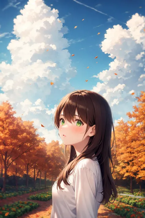 1girl, brown hair, green eyes, colorful, autumn, cumulonimbus clouds, lighting, blue sky, falling leaves, garden
