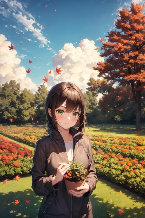 1girl, brown hair, green eyes, colorful, autumn, cumulonimbus clouds, lighting, blue sky, falling leaves, garden