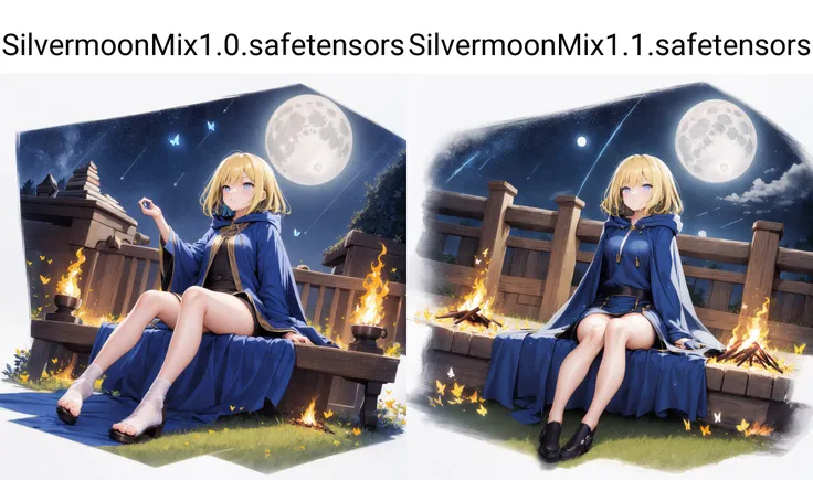 [(white background:1.5),::5] hexagon, isometric,
1 girl, mid shot, full body, blonde hair,blue eyes,Linen Hooded Cape, blue dress bonfire,sitting under the broken wall, sky, detailed moon, light particles, butterflies, night, starry sky, <lora:GachaSplash4A:1> <lora:SilvermoonMix:1>