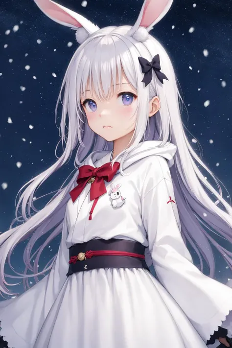 **kawaii girl, ++solo+, ++best quality, ++illustration\\, ++splendid//, ++minor//, ++wind//, ++perfect composition//,++gallant/, ++remnants//, ++morbid-//, ++occult//, ++deadly--, ++gloves^, **night view^\, ++ephemeral girl//, enthusiast, bewitching, *kawaii girl//, *light leaks\\, ++wind//, ++ink splashing, ++upper body, *stand still, ++outline//, ++character focus//, ++absurdly long hair, ++white hair//, ++bow, \+fluffy//, ++detailed eyes//, hoodie, ++detailed sky, ++rabbit*, ++rabbit*, scarf, ++illustration\\, ++booth//, ++booth//, ++booth//, ++illustration\\, ++illustration\\, ++illustration\\, ++illustration\\, ++best quality, ++best quality, ++best quality, ++best quality*, ++japanese//, snow, twilight, <lora:SilvermoonMix01V1.1:1>
